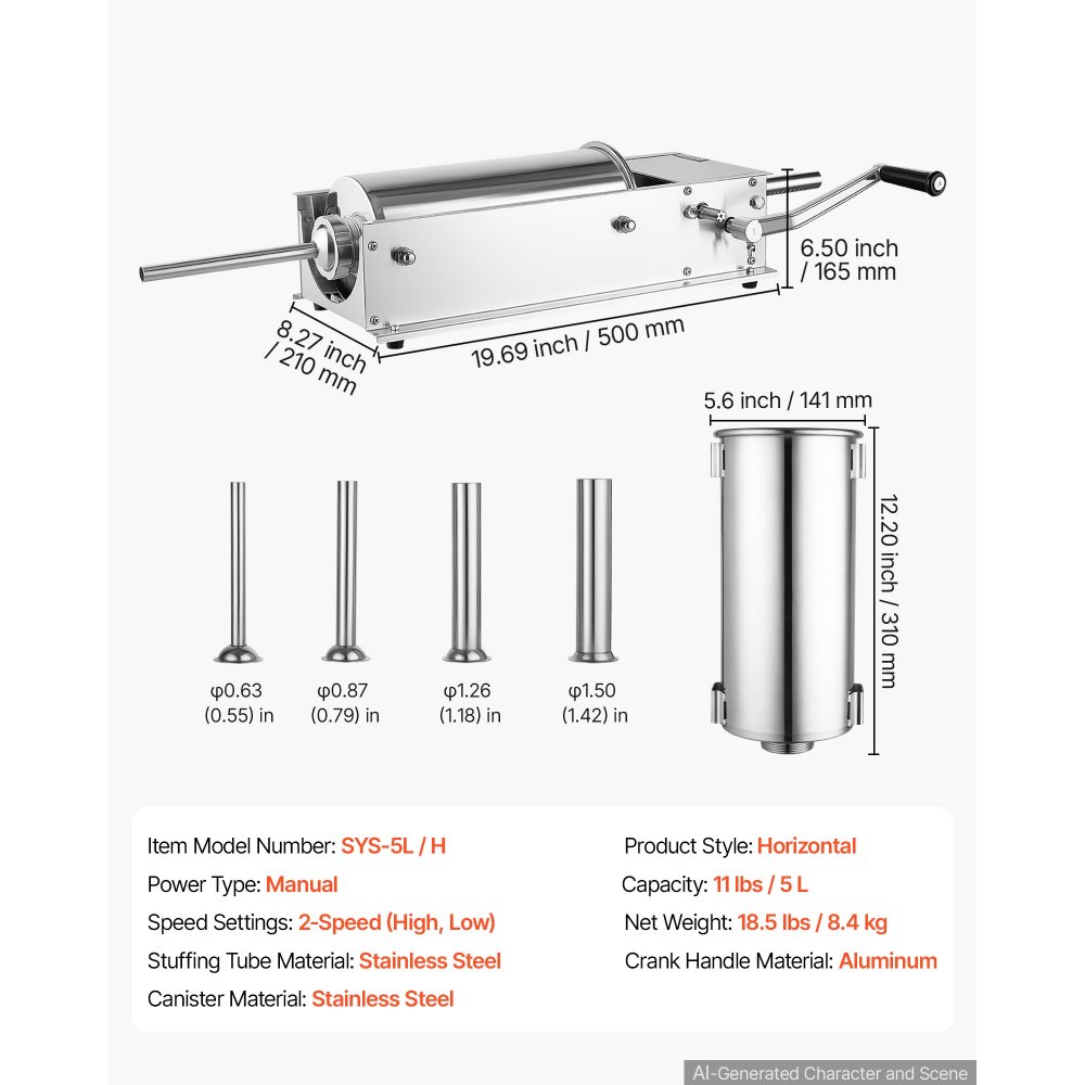 VEVOR Manual Sausage Stuffer 11 lbs/ 5L Horizontal Meat Maker Stainless Steel, for Home Camping Outdoor Grill BBQ, Dual-Speed Meat Stuffer, Professional Heavy Duty Sausage Filler Kit, 4 Filling Tubes