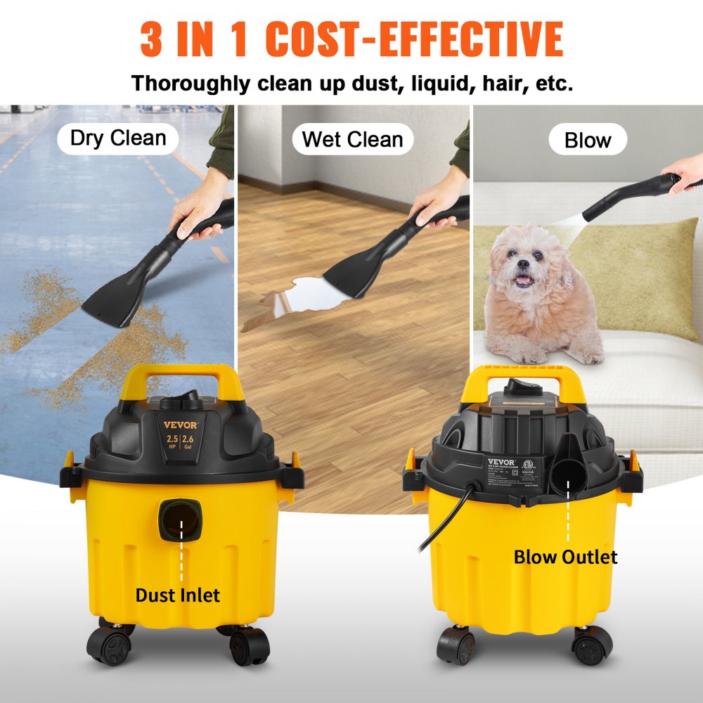 VEVOR Wet Dry Vac, 2.6 Gallon, 2.5 Peak HP, 3 in 1 Portable Shop Vacuum with Blowing Function, Attachments Storage, Perfect for Cleaning Floor, Upholstery, Gap, Car, Black/Yellow, ETL Listed