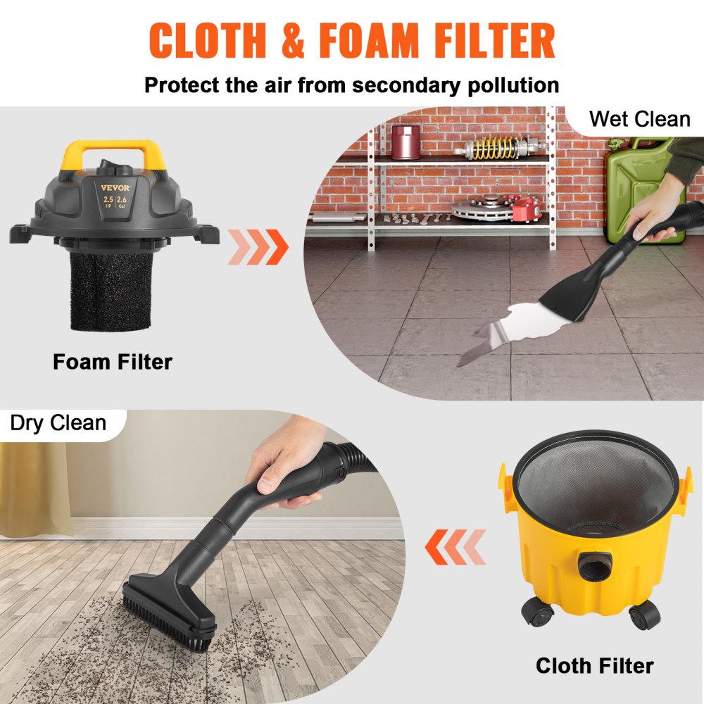 VEVOR Wet Dry Vac, 2.6 Gallon, 2.5 Peak HP, 3 in 1 Portable Shop Vacuum with Blowing Function, Attachments Storage, Perfect for Cleaning Floor, Upholstery, Gap, Car, Black/Yellow, ETL Listed