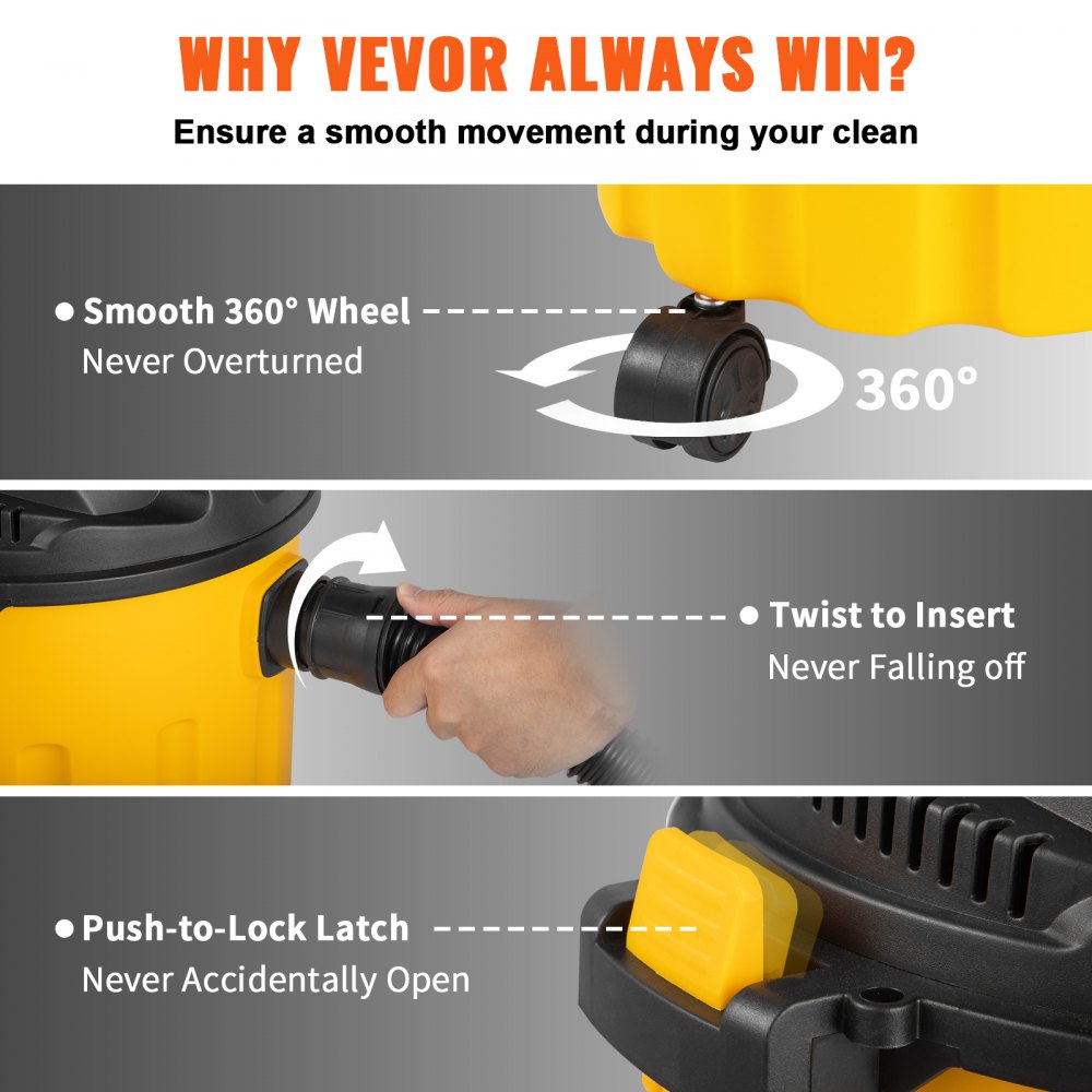 VEVOR Wet Dry Vac, 2.6 Gallon, 2.5 Peak HP, 3 in 1 Portable Shop Vacuum with Blowing Function, Attachments Storage, Perfect for Cleaning Floor, Upholstery, Gap, Car, Black/Yellow, ETL Listed