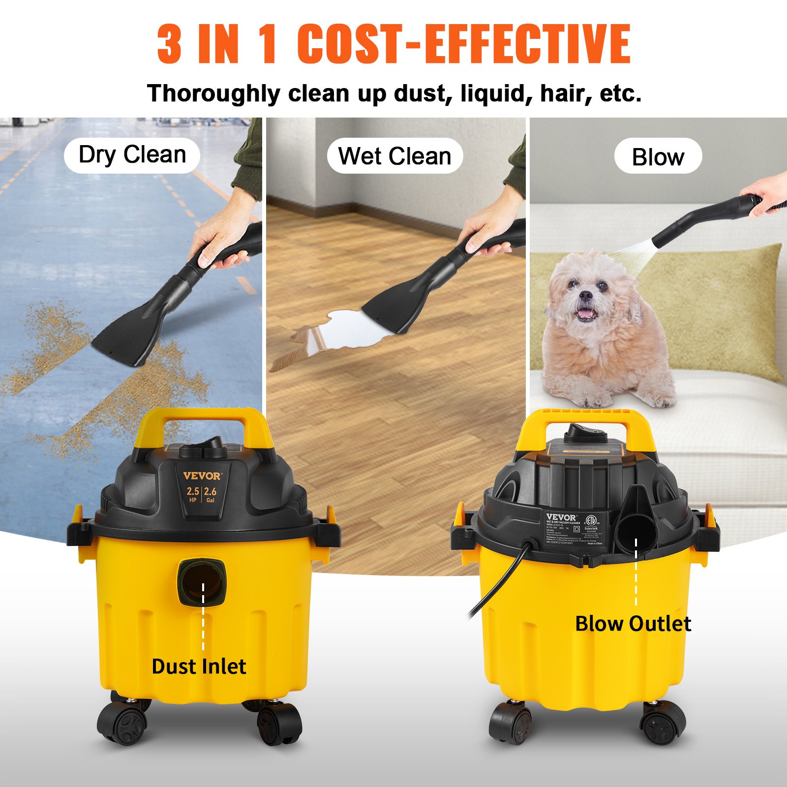 VEVOR Wet Dry Vac, 2.6 Gallon, 2.5 Peak HP, 3 in 1 Portable Shop Vacuum with Blowing Function, Attachments Storage, Perfect for Cleaning Floor, Upholstery, Gap, Car, Black/Yellow, ETL Listed