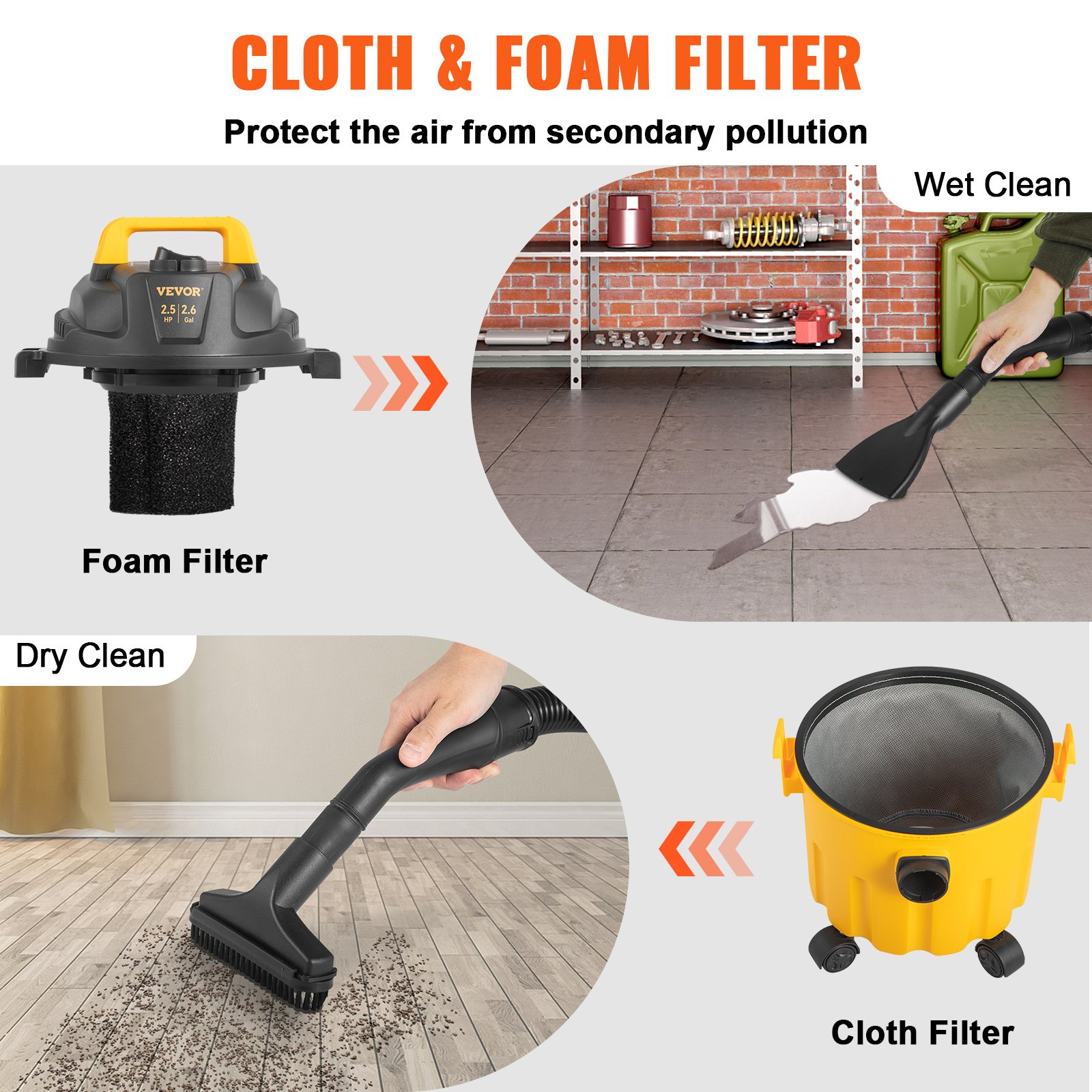 VEVOR Wet Dry Vac, 2.6 Gallon, 2.5 Peak HP, 3 in 1 Portable Shop Vacuum with Blowing Function, Attachments Storage, Perfect for Cleaning Floor, Upholstery, Gap, Car, Black/Yellow, ETL Listed