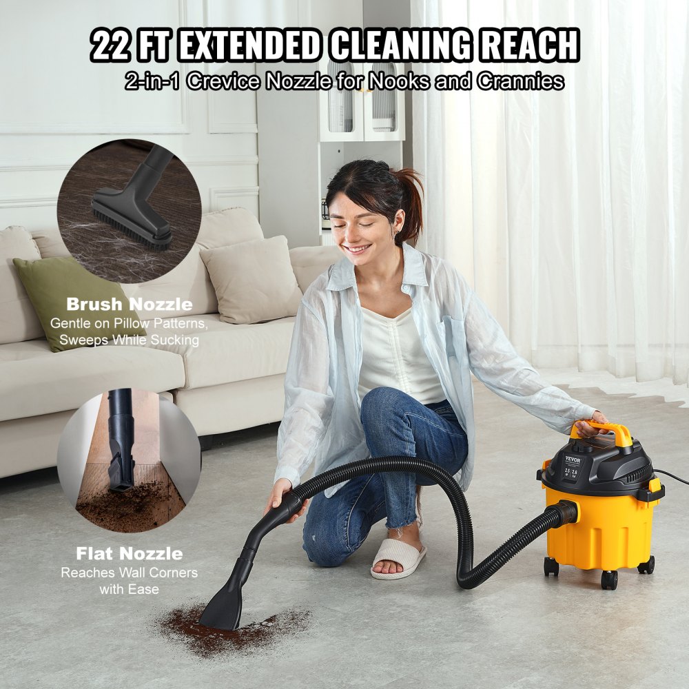 VEVOR Wet/Dry Shop Vacuum, 10L 2 Peak HP, Efficient Suction & Blower w/ Nozzle,Casters, Portable Shop Vacuum with Attachments, Lightweight Shop Vac Ideal for Carpet, Debris, Pet Hair, Yellow
