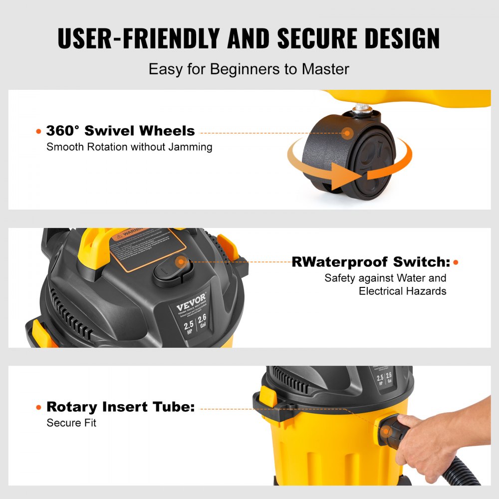 VEVOR Wet/Dry Shop Vacuum, 10L 2 Peak HP, Efficient Suction & Blower w/ Nozzle,Casters, Portable Shop Vacuum with Attachments, Lightweight Shop Vac Ideal for Carpet, Debris, Pet Hair, Yellow