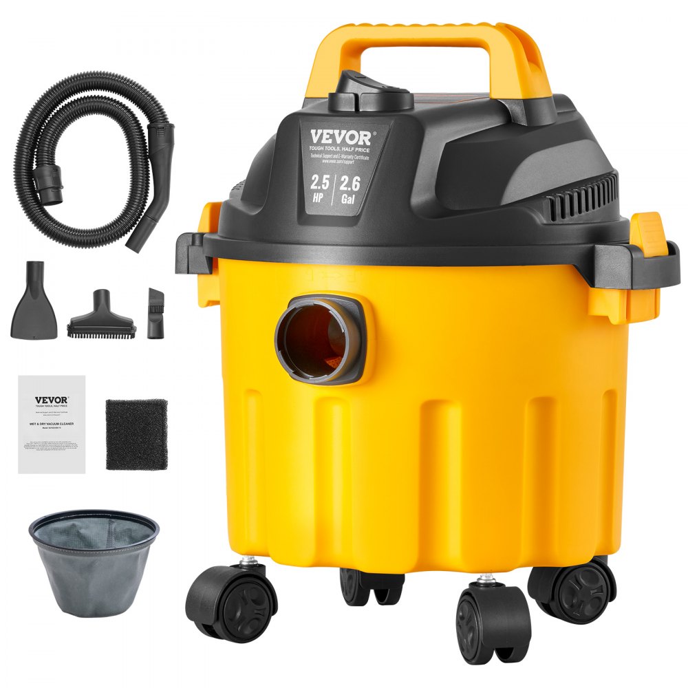 VEVOR Wet/Dry Shop Vacuum Vacuum 10L 2 Peak HP m/ Dyse Rich Attachments Gul