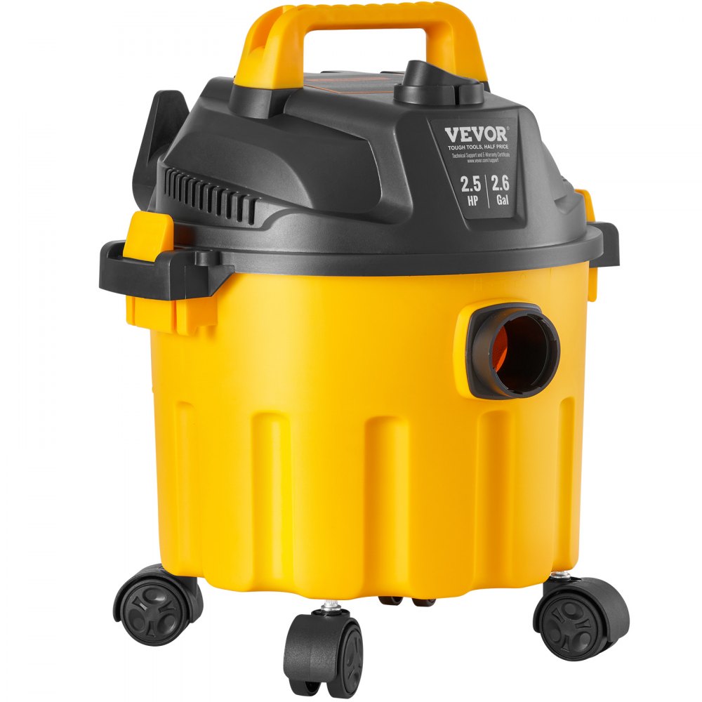 VEVOR Wet/Dry Shop Vacuum, 10L 2 Peak HP, Efficient Suction & Blower w/ Nozzle,Casters, Portable Shop Vacuum with Attachments, Lightweight Shop Vac Ideal for Carpet, Debris, Pet Hair, Yellow