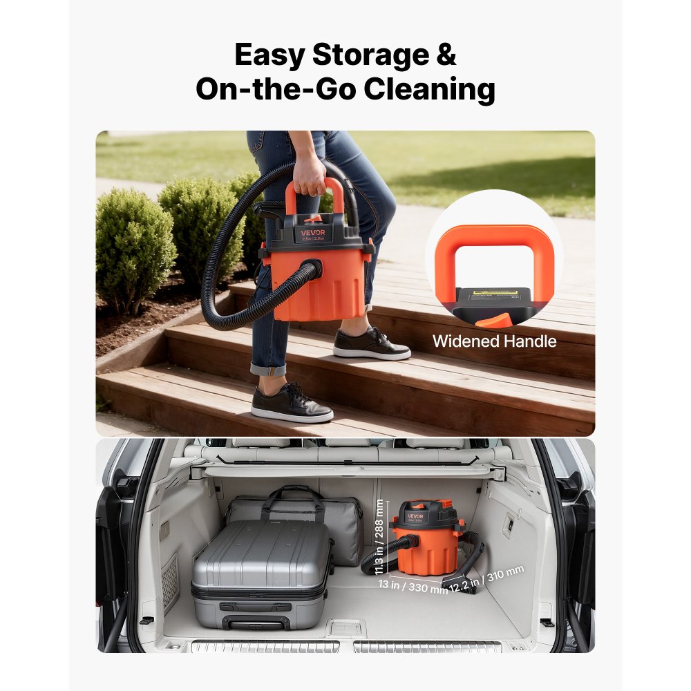 VEVOR Shop Vac, 2.6 Gallon Dry Shop Vacuum, 2.5 Peak HP Portable with 800W Input Power, Various Nozzles, 1.25in Diameter x 4ft Hose, 9.2ft Cord for Home, Garage, Jobsite, Workshop, Black Orange