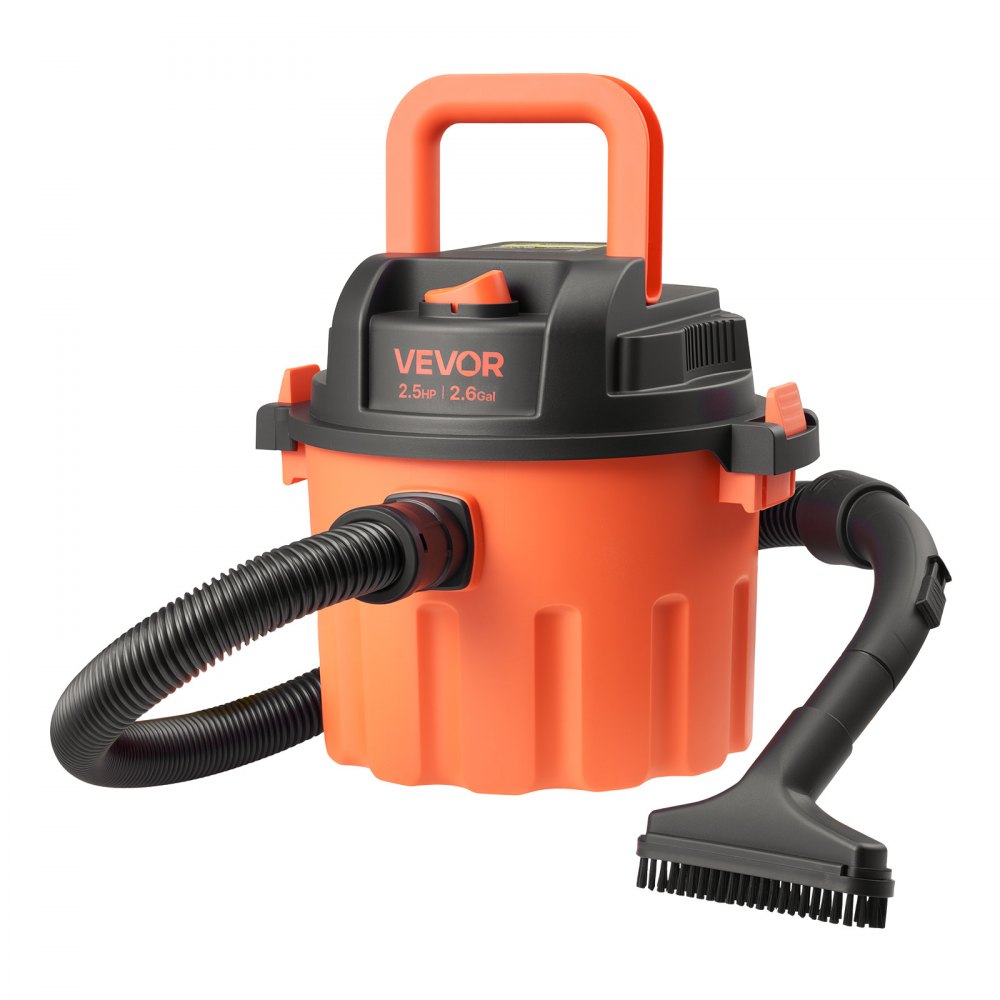 VEVOR Shop Vac, 2.6 Gallon Dry Shop Vacuum, 2.5 Peak HP Portable with 800W Input Power, Various Nozzles, 1.25in Diameter x 4ft Hose, 9.2ft Cord for Home, Garage, Jobsite, Workshop, Black Orange