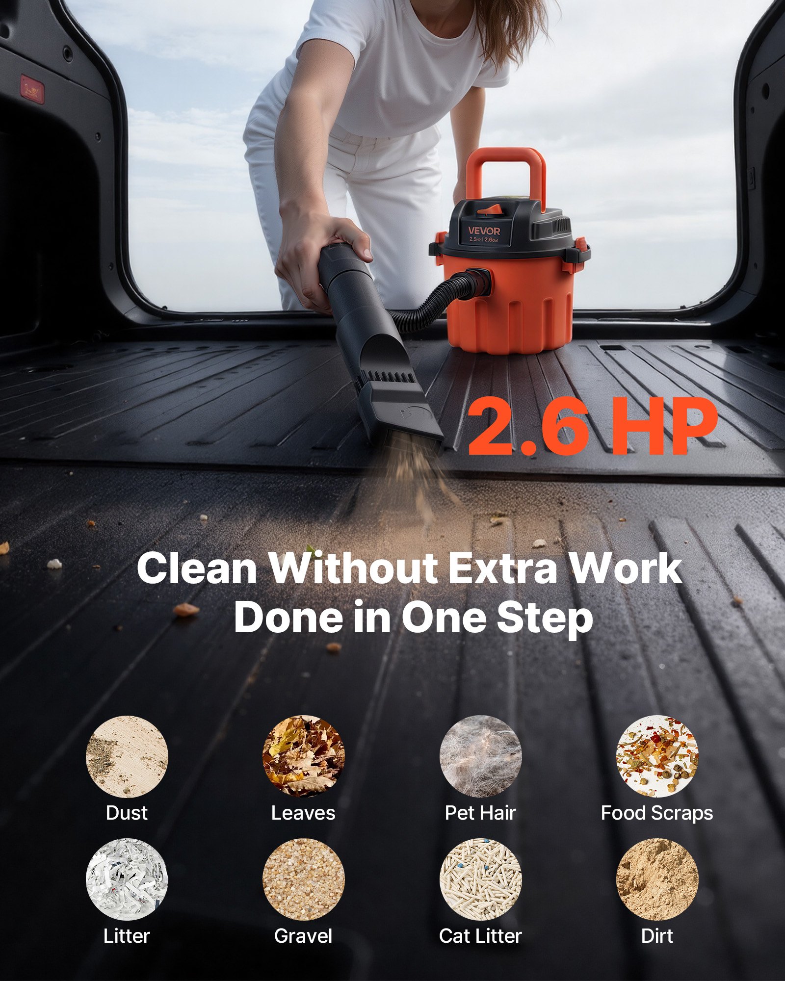 VEVOR Shop Vac, 2.6 Gallon Dry Shop Vacuum, 2.5 Peak HP Portable with 800W Input Power, Various Nozzles, 1.25in Diameter x 4ft Hose, 9.2ft Cord for Home, Garage, Jobsite, Workshop, Black Orange