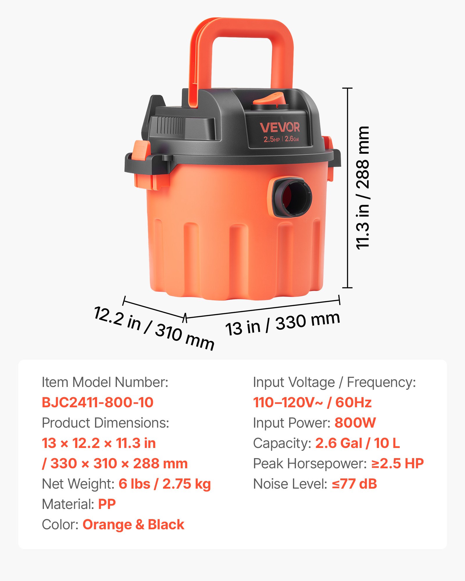 VEVOR Shop Vac, 2.6 Gallon Dry Shop Vacuum, 2.5 Peak HP Portable with 800W Input Power, Various Nozzles, 1.25in Diameter x 4ft Hose, 9.2ft Cord for Home, Garage, Jobsite, Workshop, Black Orange