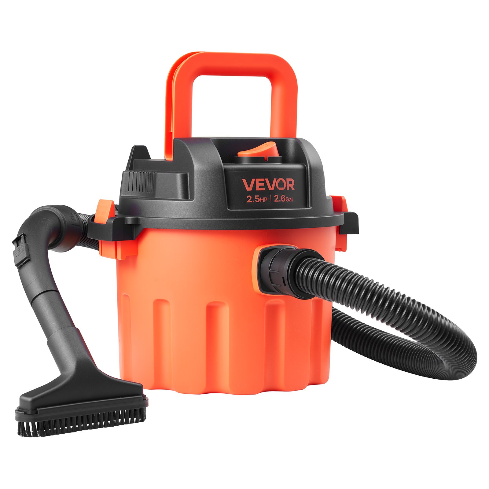 VEVOR Shop Vac, 2.6 Gallon Dry Shop Vacuum, 2.5 Peak HP Portable with 800W Input Power, Various Nozzles, 1.25in Diameter x 4ft Hose, 9.2ft Cord for Home, Garage, Jobsite, Workshop, Black Orange