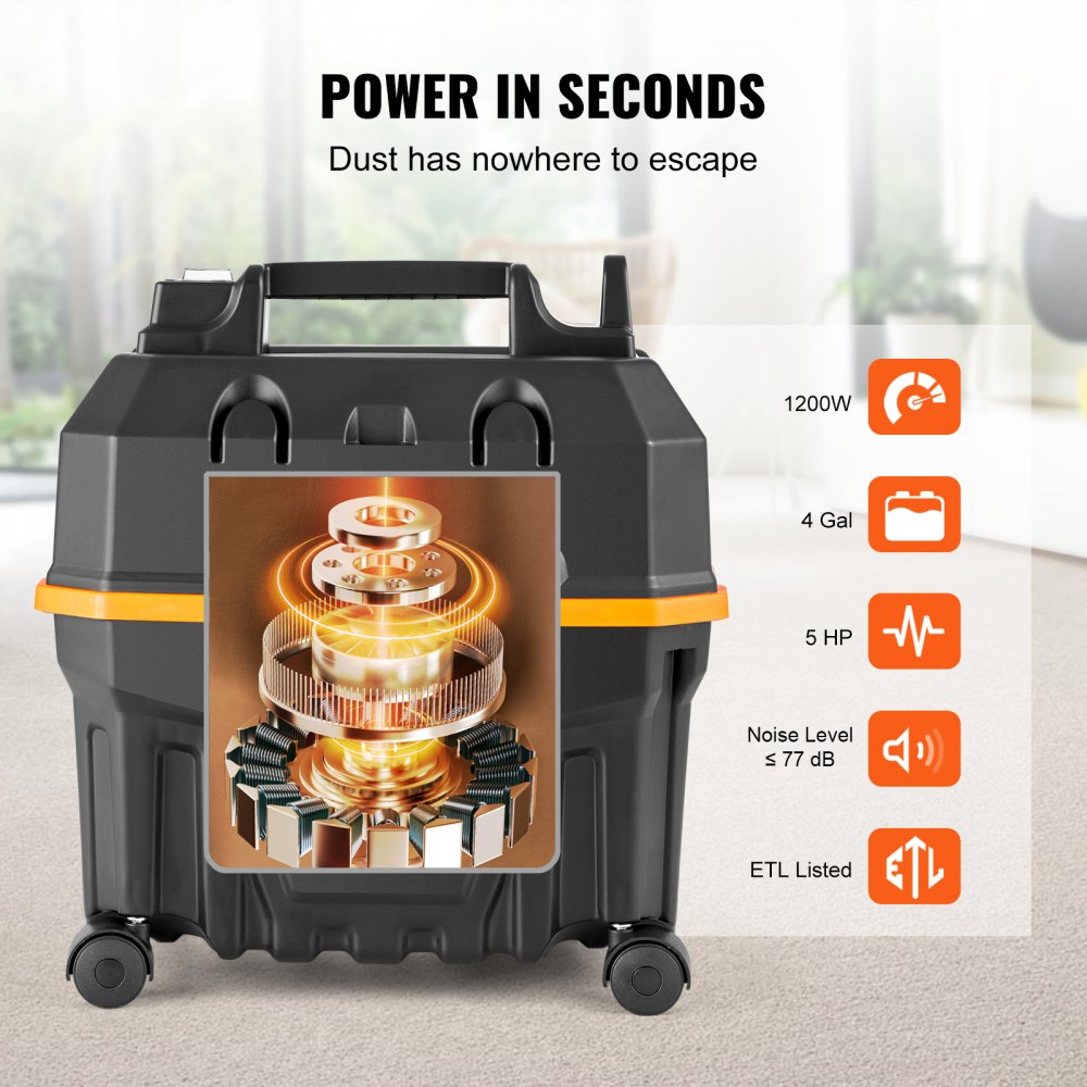 VEVOR Wet/Dry Shop Vacuum, 15L 5 Peak HP, Efficient Suction & Blower w/ Nozzle,Casters, Portable Shop Vacuum with Attachments, Lightweight Shop Vac Ideal for Carpet, Debris, Pet Hair, Black