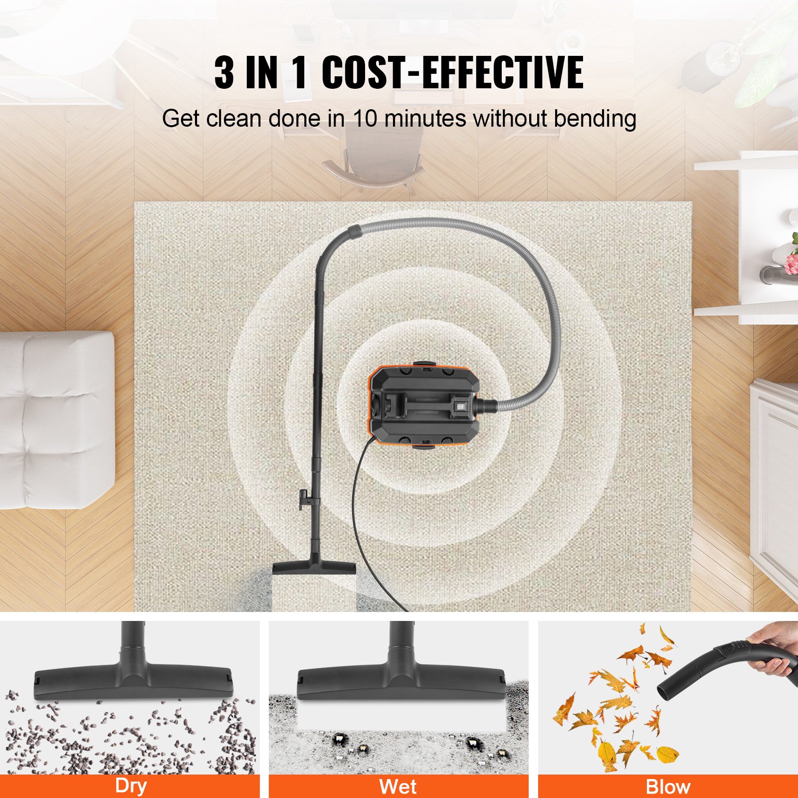 VEVOR Wet/Dry Shop Vacuum, 15L 5 Peak HP, Efficient Suction & Blower w/ Nozzle,Casters, Portable Shop Vacuum with Attachments, Lightweight Shop Vac Ideal for Carpet, Debris, Pet Hair, Black