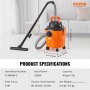 VEVOR Wet/Dry Shop Vacuum Vac 18L 6 Peak HP με πλούσια προσαρτήματα ακροφυσίων Πορτοκαλί