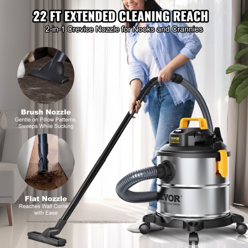 VEVOR Stainless Steel Wet Dry Shop Vacuum, 5.5 Gallon 6 Peak HP Wet/Dry Vac, Powerful Suction with Blower Function w/ Attachment 2-in-1 Crevice Nozzle, Small Vac Perfect for Carpet Debris, Pet Hair