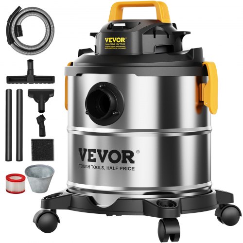 VEVOR Stainless Steel Wet Dry Shop Vacuum, 5.5 Gallon 6.5 Peak HP Wet/Dry Vac, Powerful Suction with Blower Function w/ Attachment 2-in-1 Crevice Nozzle, Small Vac Perfect for Carpet Debris, Pet Hair