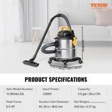 VEVOR Aspiradora para taller húmedo y seco de acero inoxidable, 5.5 galones, 6.5 pico HP, aspiradora para mojado/seco, potente succión con función de soplador con accesorio, boquilla para rincones 2 en 1, aspiradora pequeña perfecta para restos de alfombras, pelo de mascotas