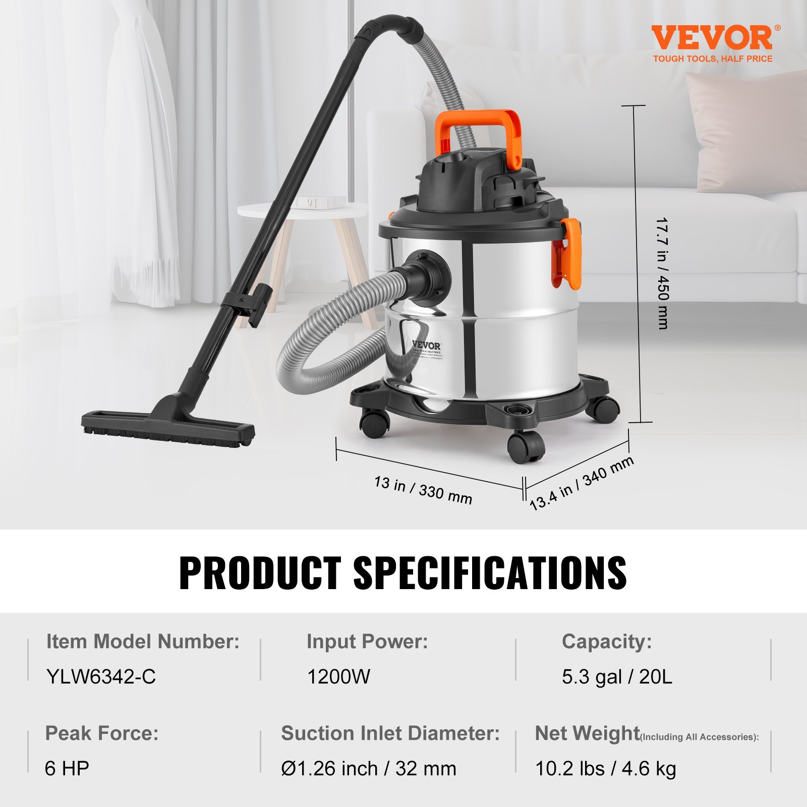 VEVOR Stainless Steel Wet Dry Shop Vacuum, 5.5 Gallon 6 Peak HP Wet/Dry Vac, Powerful Suction with Blower Function w/ Attachment 2-in-1 Crevice Nozzle, Small Vac Perfect for Carpet Debris, Pet Hair