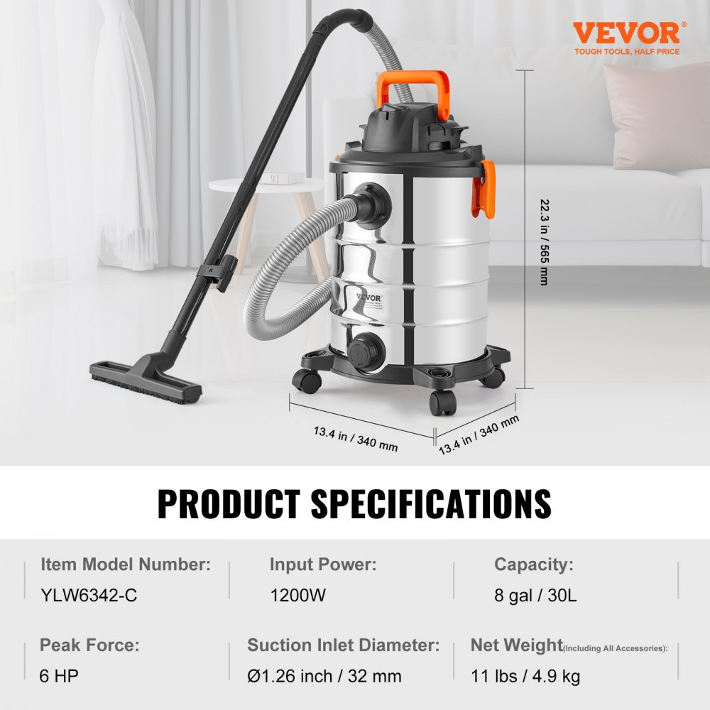 VEVOR Stainless Steel Wet Dry Shop Vacuum, 8 Gallon 6 Peak HP Wet/Dry Vac, Powerful Suction with Blower Function with Attachments 2-in-1 Crevice Nozzle, Small Shop Vac Perfect for Carpet Debris, Pet Hair, Car