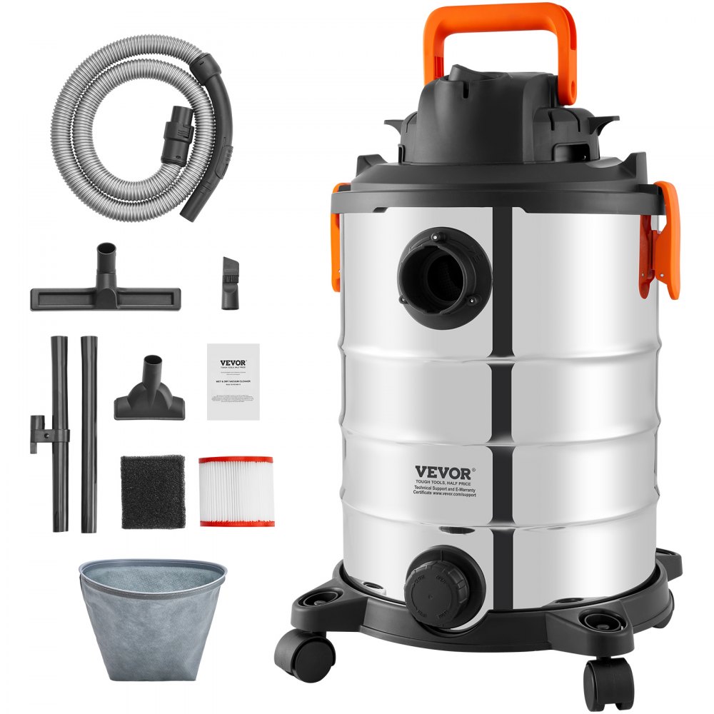 VEVOR Wet/Dry Shop Vacuum Vac 30L 6 Peak HP με ακροφύσιο από ανοξείδωτο ασήμι