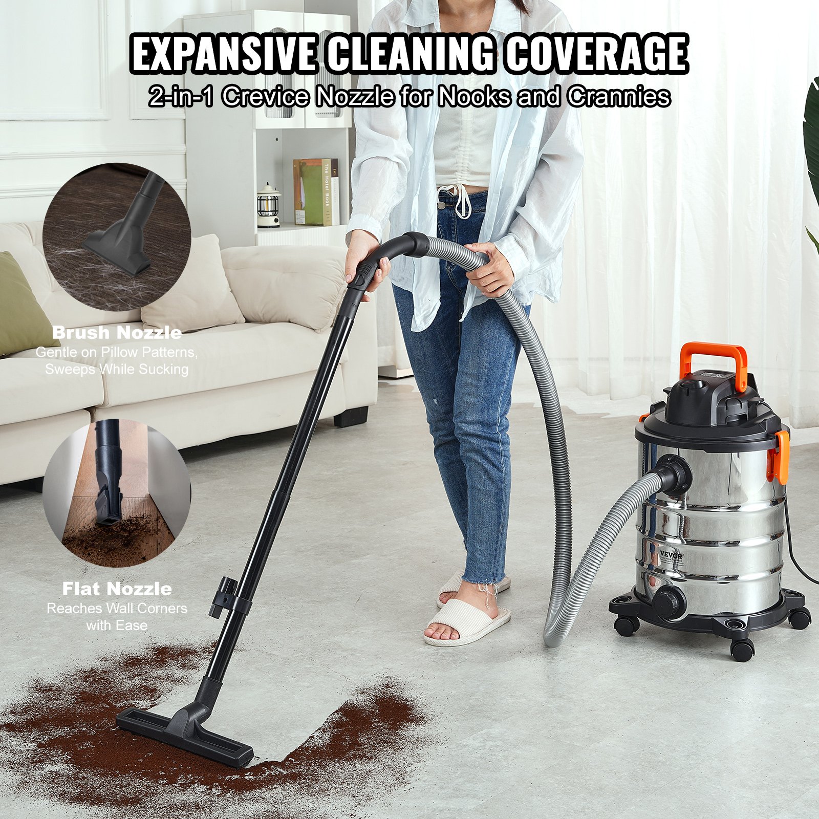 VEVOR Stainless Steel Wet Dry Shop Vacuum, 8 Gallon 6 Peak HP Wet/Dry Vac, Powerful Suction with Blower Function with Attachments 2-in-1 Crevice Nozzle, Small Shop Vac Perfect for Carpet Debris, Pet Hair, Car
