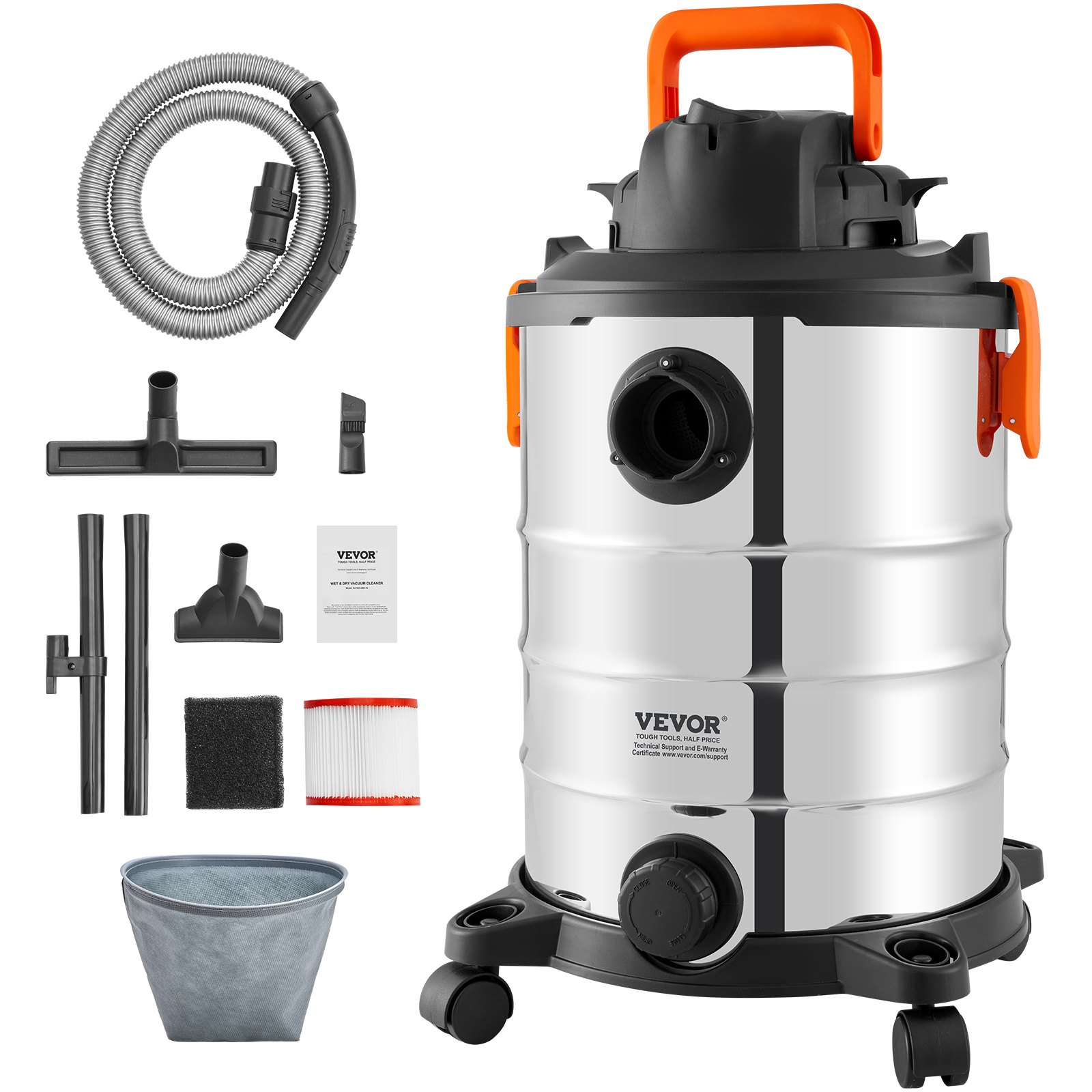 VEVOR Stainless Steel Wet Dry Shop Vacuum, 8 Gallon 6 Peak HP Wet/Dry Vac, Powerful Suction with Blower Function with Attachments 2-in-1 Crevice Nozzle, Small Shop Vac Perfect for Carpet Debris, Pet Hair, Car