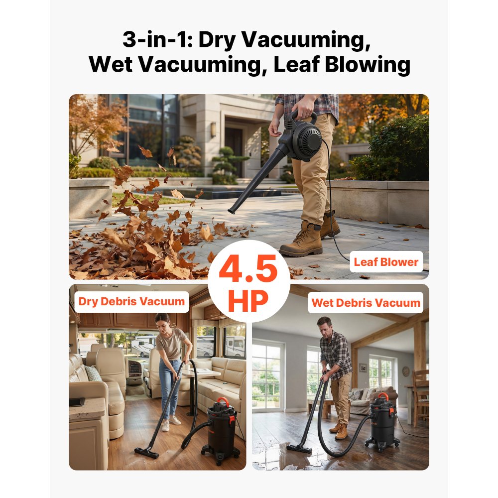 VEVOR 3-in-1 Shop Vac, 8 Gallon Wet Dry Shop Vacuum, 4.5 Peak HP Portable Vacuum Cleaner with Blower, Dual-Filter, 1350W Input Power, 1.25in x 7ft Hose, 9.8ft Cord for Jobsite, Workshop, Garage, Home