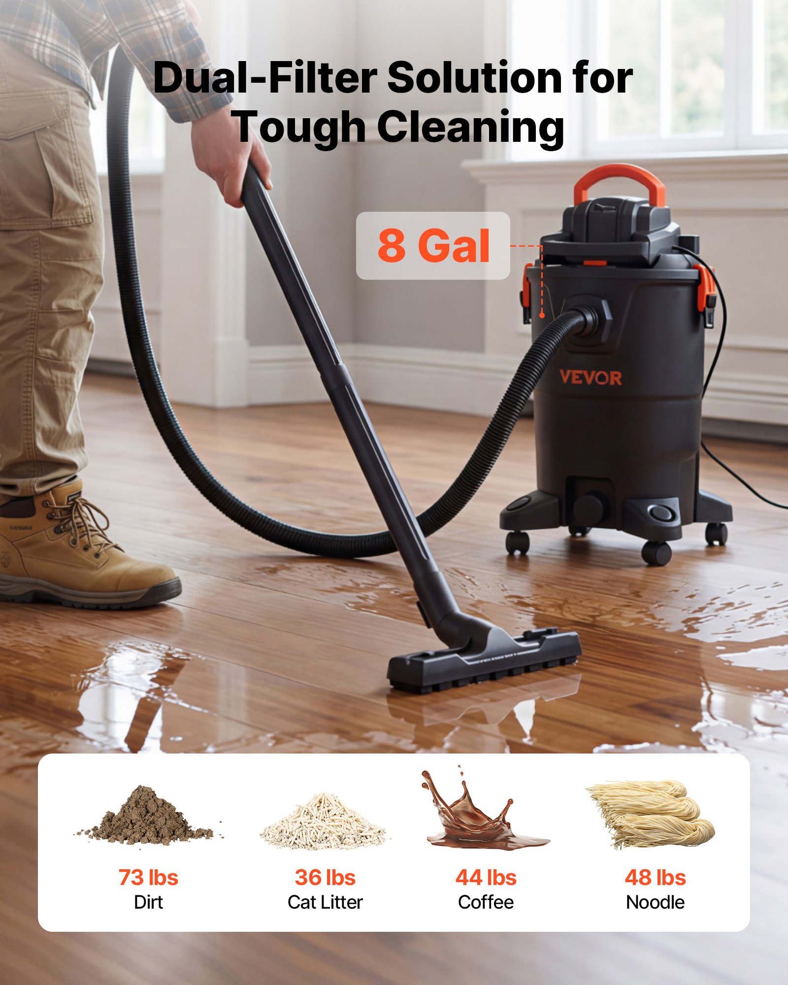 VEVOR 3-in-1 Shop Vac, 8 Gallon Wet Dry Shop Vacuum, 4.5 Peak HP Portable Vacuum Cleaner with Blower, Dual-Filter, 1350W Input Power, 1.25in x 7ft Hose, 9.8ft Cord for Jobsite, Workshop, Garage, Home