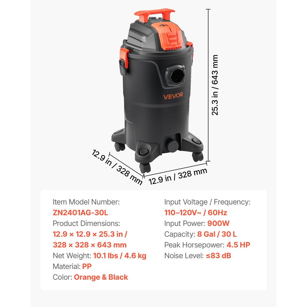VEVOR Shop Vac, 8 Gallon Wet Dry Shop Vacuum, 4.5 Peak HP Portable with One-Button Self-Cleaning, Dual-Filter, 900W Input Power, 1.25in x 7ft Hose, 9.8ft Cord for Jobsite, Workshop, Garage, Home