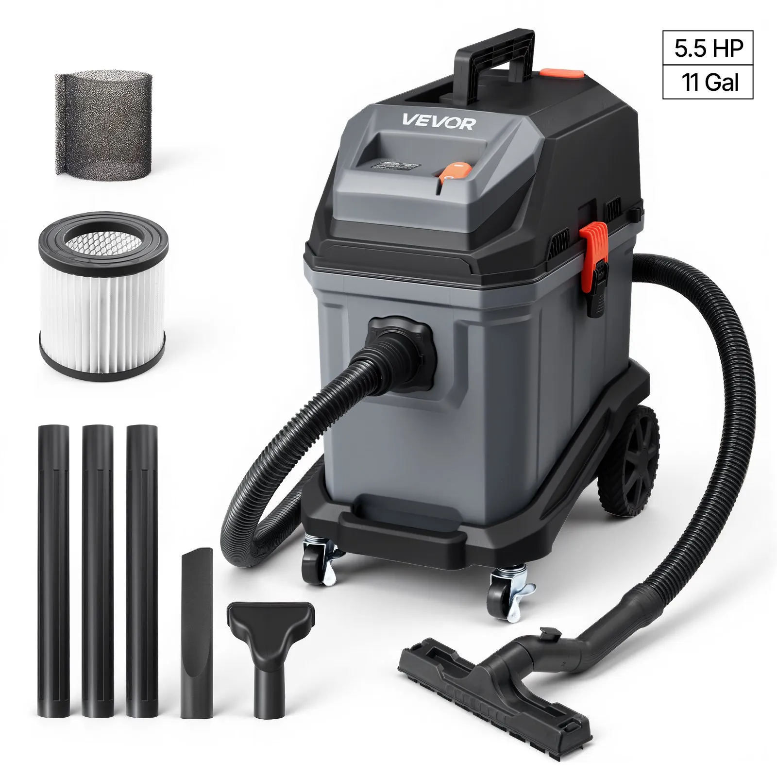 VEVOR Commercial Shop Vac, 11 Gallon Wet Dry Shop Vacuum, 5.5 Peak HP Portable with One-Button Self-Cleaning, 1350W Input, 1.25in x 7ft Hose, 20ft Cord, Industrial-Grade for Jobsite, Workshop