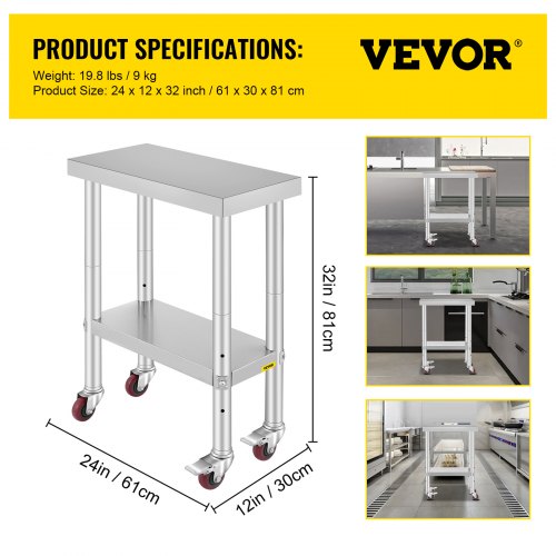 VEVOR Stainless Steel Catering Work Table 12x24 Inch Commercial Work Table with 4 Wheels Commercial Food Prep Workbench with Flexible Adjustment Shelf for Kitchen Prep Table