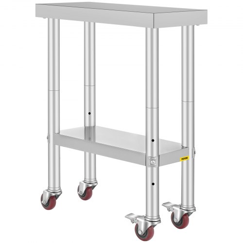 VEVOR Stainless Steel Catering Work Table 12x24 Inch Commercial Work Table with 4 Wheels Commercial Food Prep Workbench with Flexible Adjustment Shelf for Kitchen Prep Table