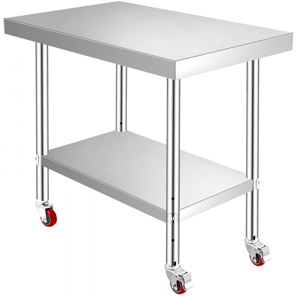 VEVOR Stainless Steel Work Table 12 x 24 x 34 Inch, 700 LBS Load Capacity with 4 Wheels, 3 Adjustable Height Levels, Heavy Duty Food Prep Worktable for Commercial Kitchen Restaurant, Silver