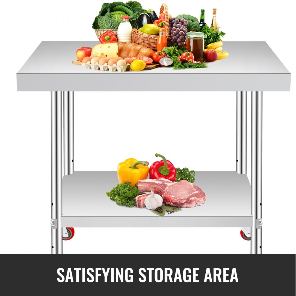 VEVOR Stainless Steel Work Table 12 x 24 x 34 Inch, 700 LBS Load Capacity with 4 Wheels, 3 Adjustable Height Levels, Heavy Duty Food Prep Worktable for Commercial Kitchen Restaurant, Silver