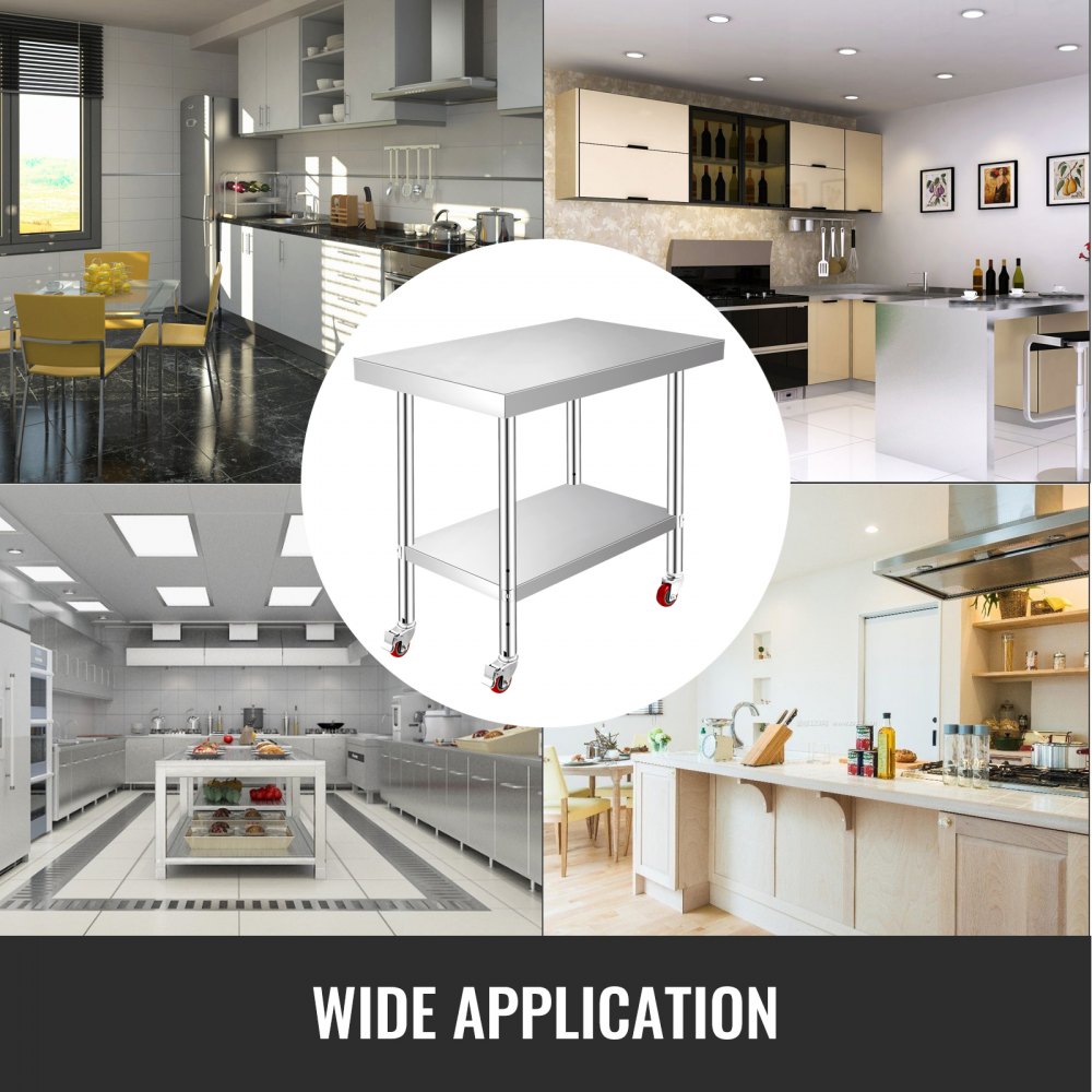 VEVOR Stainless Steel Work Table 12 x 24 x 34 Inch, 700 LBS Load Capacity with 4 Wheels, 3 Adjustable Height Levels, Heavy Duty Food Prep Worktable for Commercial Kitchen Restaurant, Silver