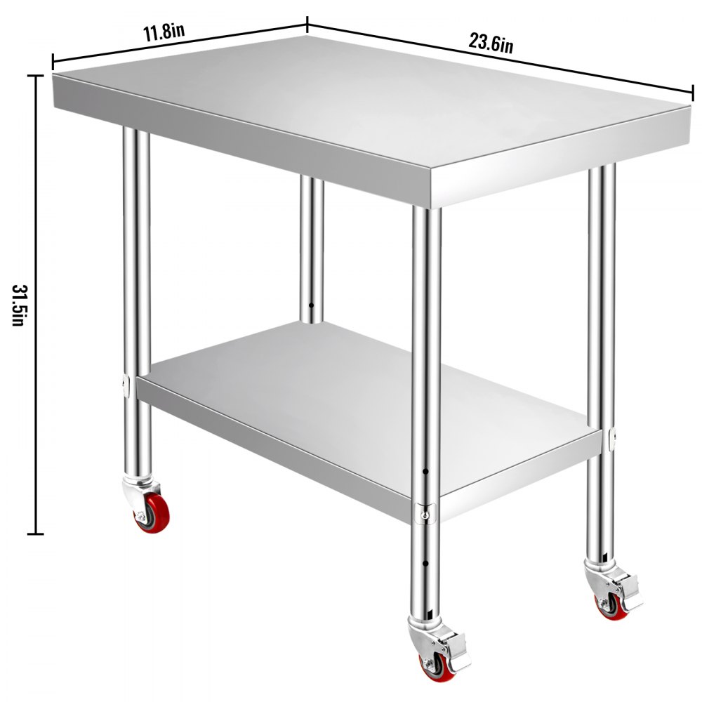 VEVOR Stainless Steel Work Table 12 x 24 x 34 Inch, 700 LBS Load Capacity with 4 Wheels, 3 Adjustable Height Levels, Heavy Duty Food Prep Worktable for Commercial Kitchen Restaurant, Silver