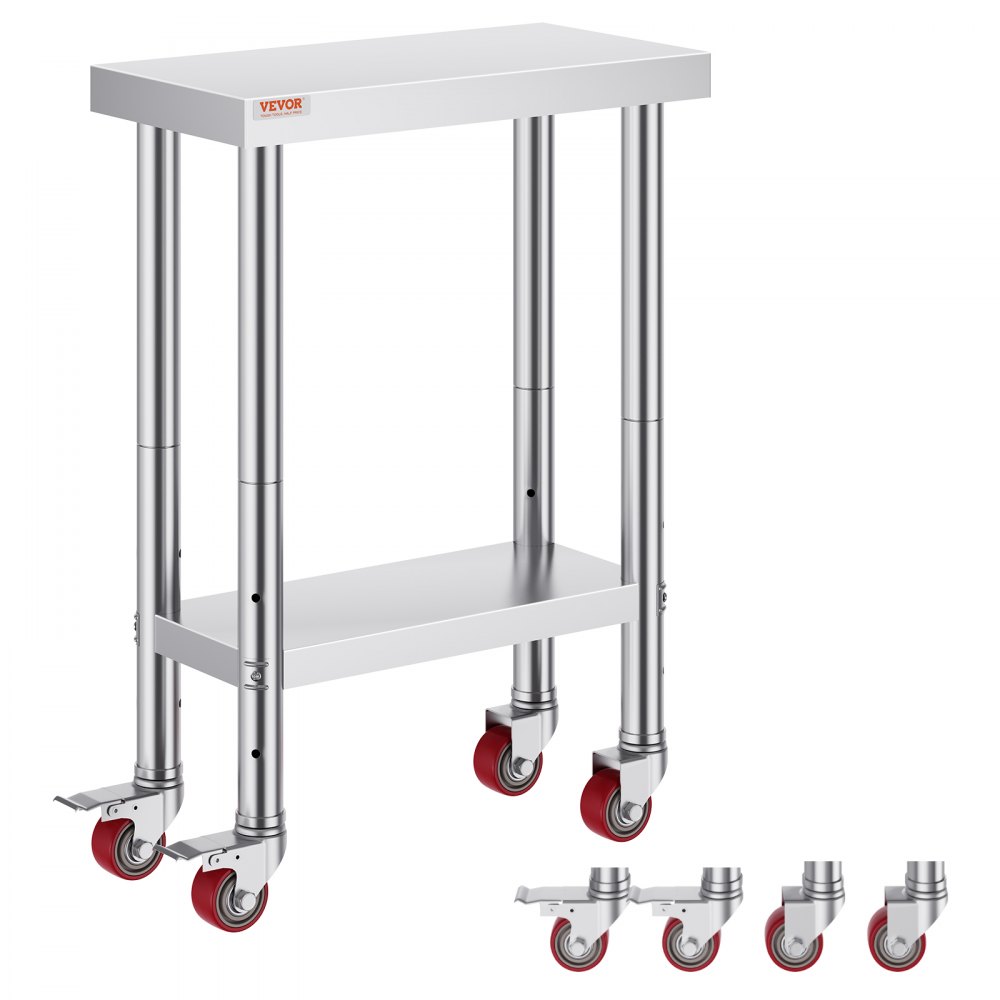 VEVOR stainless steel work table with wheels and lower shelf.