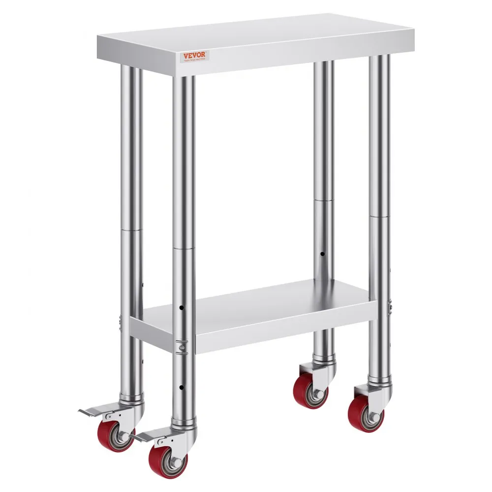 VEVOR stainless steel work table with lower shelf and red caster wheels.