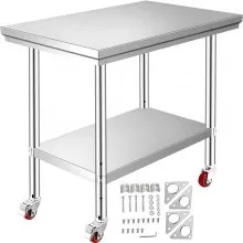 VEVOR Stainless Steel Work Table 12 x 24 x 34 Inch, 700 LBS Load Capacity with 4 Wheels, 3 Adjustable Height Levels, Heavy Duty Food Prep Worktable for Commercial Kitchen Restaurant, Silver