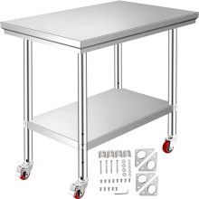 VEVOR Stainless Steel Work Table 12 x 24 x 34 Inch, 700 LBS Load Capacity with 4 Wheels, 3 Adjustable Height Levels, Heavy Duty Food Prep Worktable for Commercial Kitchen Restaurant, Silver