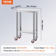 VEVOR 12x24x32 Inch Stainless Steel Catering Work Table, Commercial Work Table with 4 Wheels Commercial Food Prep Workbench with Flexible Adjustment Shelf for Kitchen Prep Table