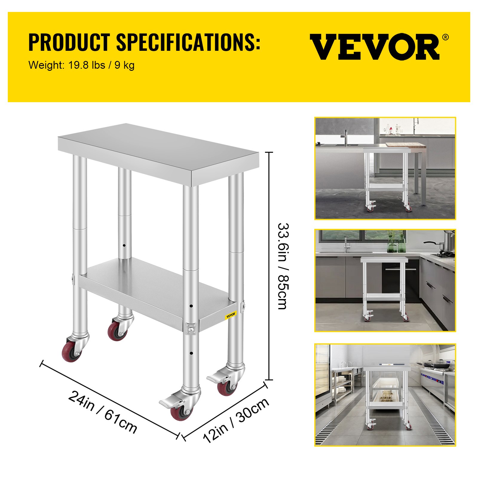 VEVOR Stainless Steel Work Table 12 x 24 x 34 Inch, 700 LBS Load Capacity with 4 Wheels, 3 Adjustable Height Levels, Heavy Duty Food Prep Worktable for Commercial Kitchen Restaurant, Silver