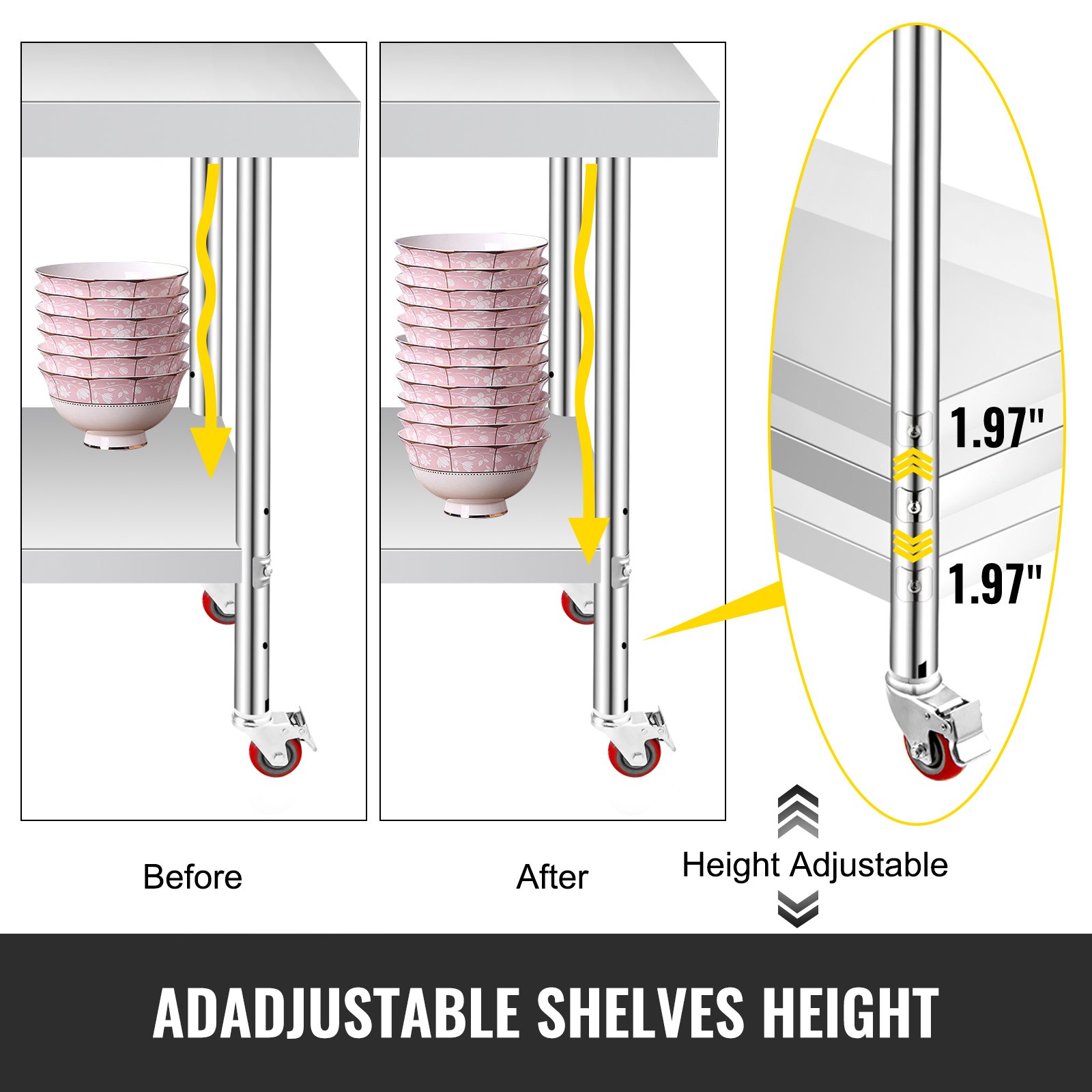VEVOR Stainless Steel Work Table 12 x 24 x 34 Inch, 700 LBS Load Capacity with 4 Wheels, 3 Adjustable Height Levels, Heavy Duty Food Prep Worktable for Commercial Kitchen Restaurant, Silver