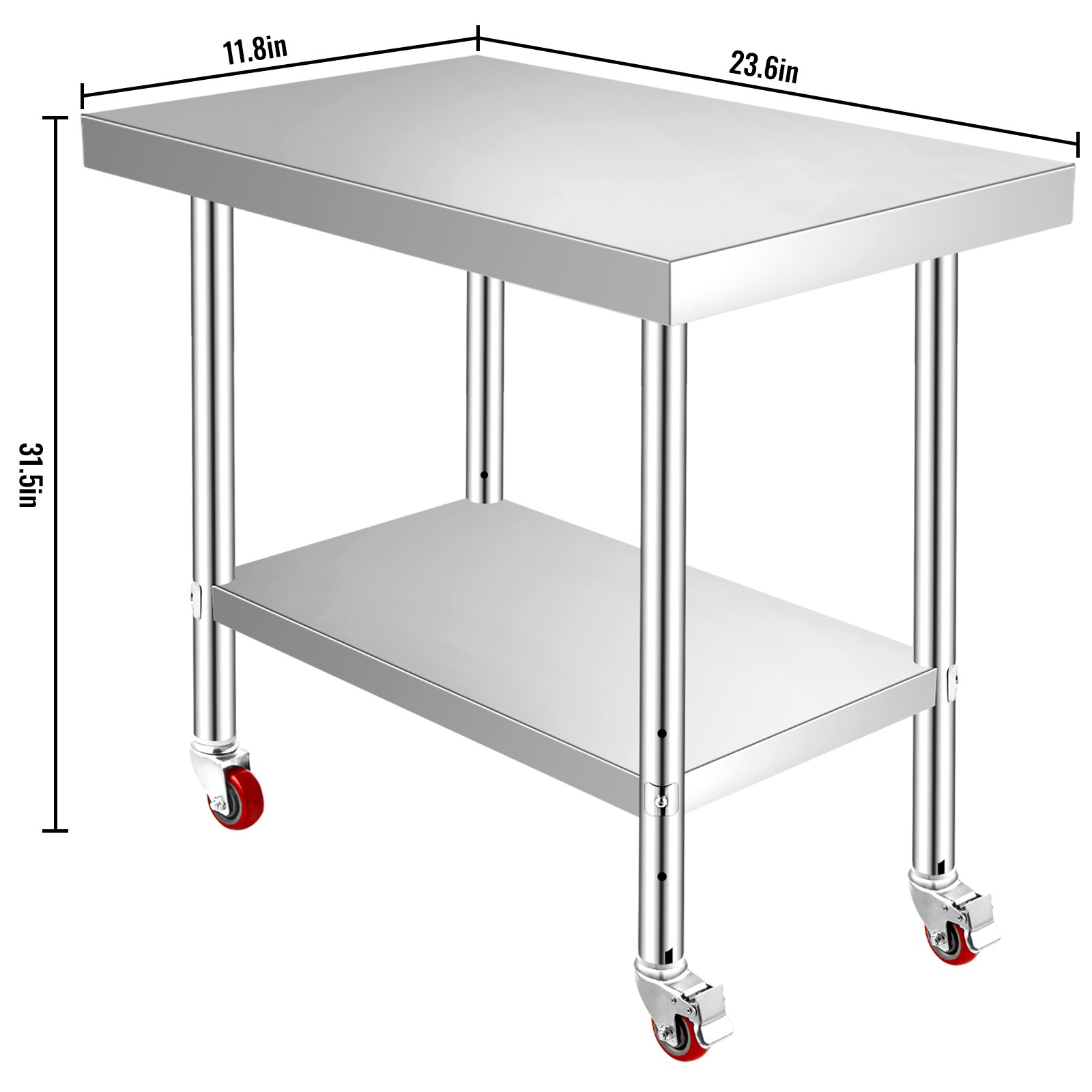 VEVOR Stainless Steel Work Table 12 x 24 x 34 Inch, 700 LBS Load Capacity with 4 Wheels, 3 Adjustable Height Levels, Heavy Duty Food Prep Worktable for Commercial Kitchen Restaurant, Silver