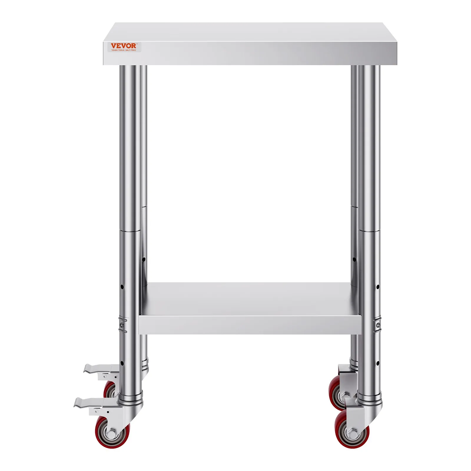 VEVOR stainless steel work table with lower shelf and red caster wheels.