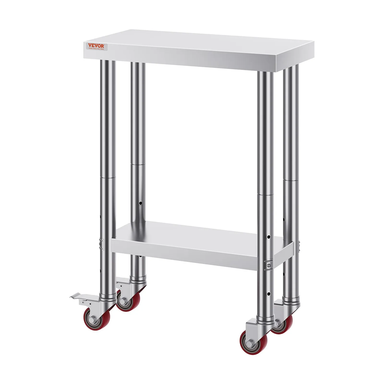 VEVOR stainless steel work table with a second shelf and red caster wheels.