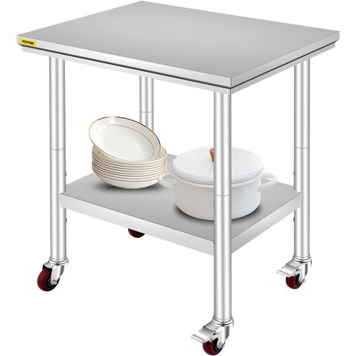 VEVOR Stainless Steel Catering Work Table 30x24 Inch Commercial Work Table with 4 Wheels Commercial Food Prep Workbench with Flexible Adjustment Shelf for Kitchen Prep Table