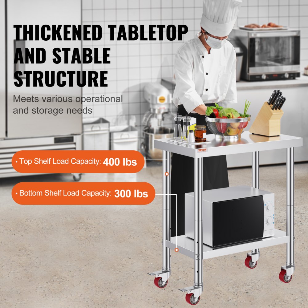 VEVOR Stainless Steel Work Table 30 x 24 x 33 Inch, 700 LBS Load Capacity with 4 Wheels, 3 Adjustable Height Levels, Heavy Duty Food Prep Worktable for Commercial Kitchen Restaurant, Silver