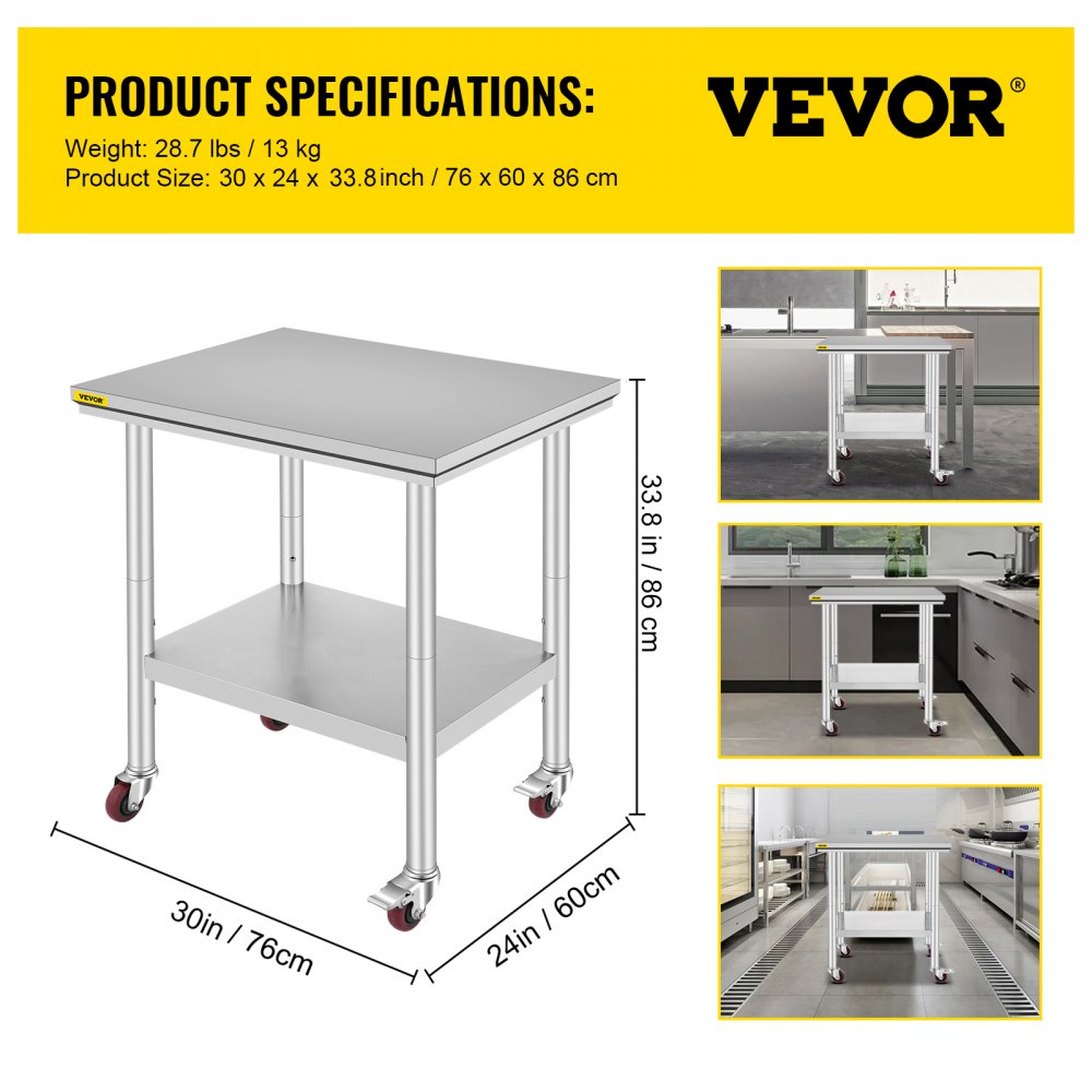 VEVOR Stainless Steel Work Table 30 x 24 x 33 Inch, 700 LBS Load Capacity with 4 Wheels, 3 Adjustable Height Levels, Heavy Duty Food Prep Worktable for Commercial Kitchen Restaurant, Silver