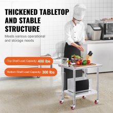 VEVOR Stainless Steel Catering Work Table 30x24 Inch Commercial Work Table with 4 Wheels Commercial Food Prep Workbench with Flexible Adjustment Shelf for Kitchen Prep Table